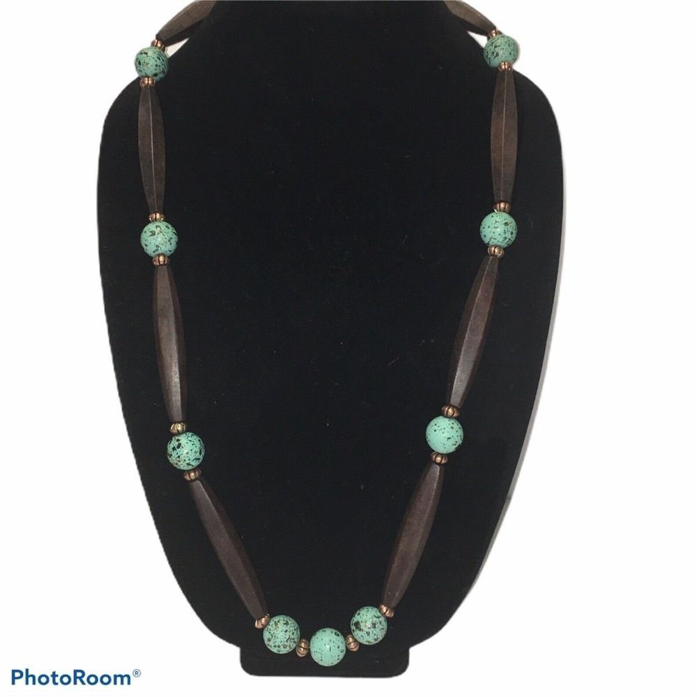 Boho necklace 31 " wood bead turquoise copper tone